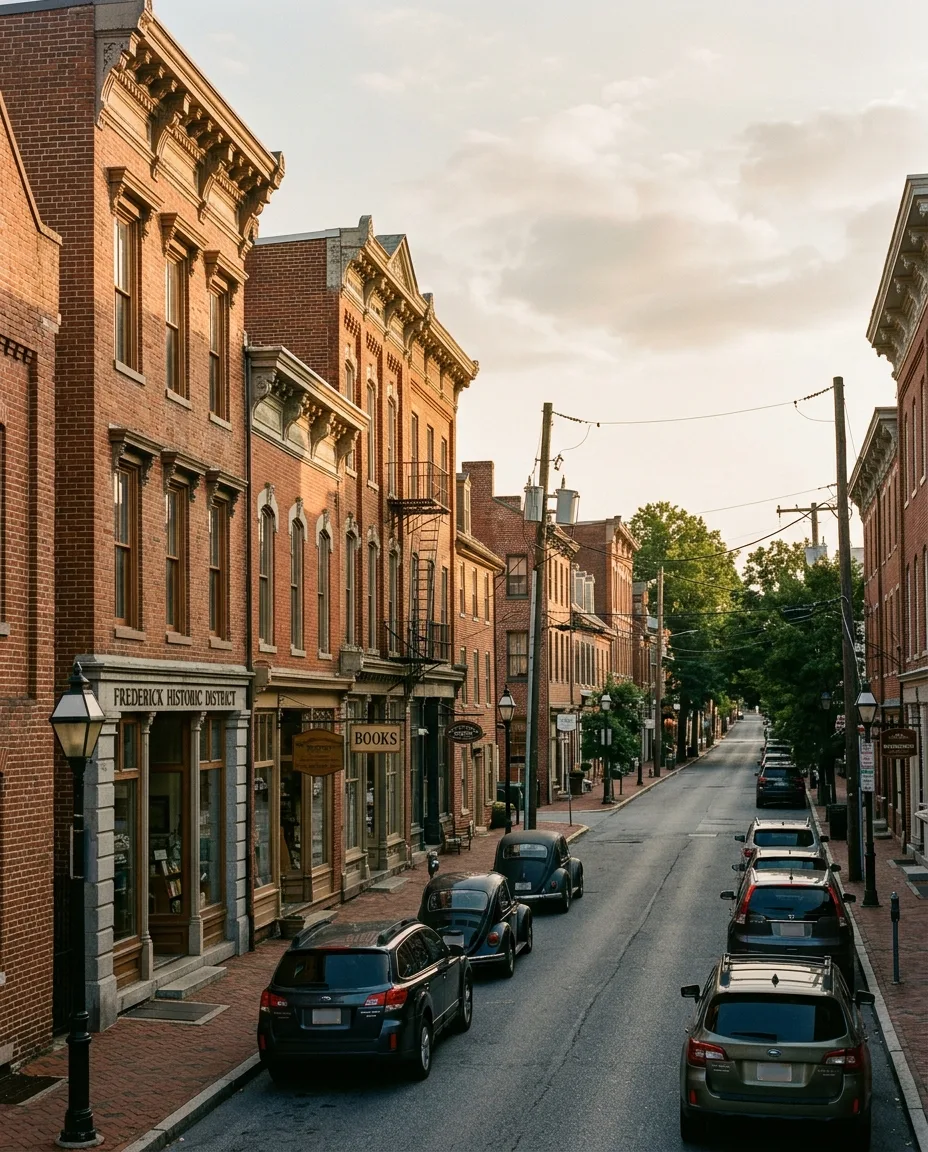 Downtown Frederick Maryland Carroll Creek and historic brick buildings