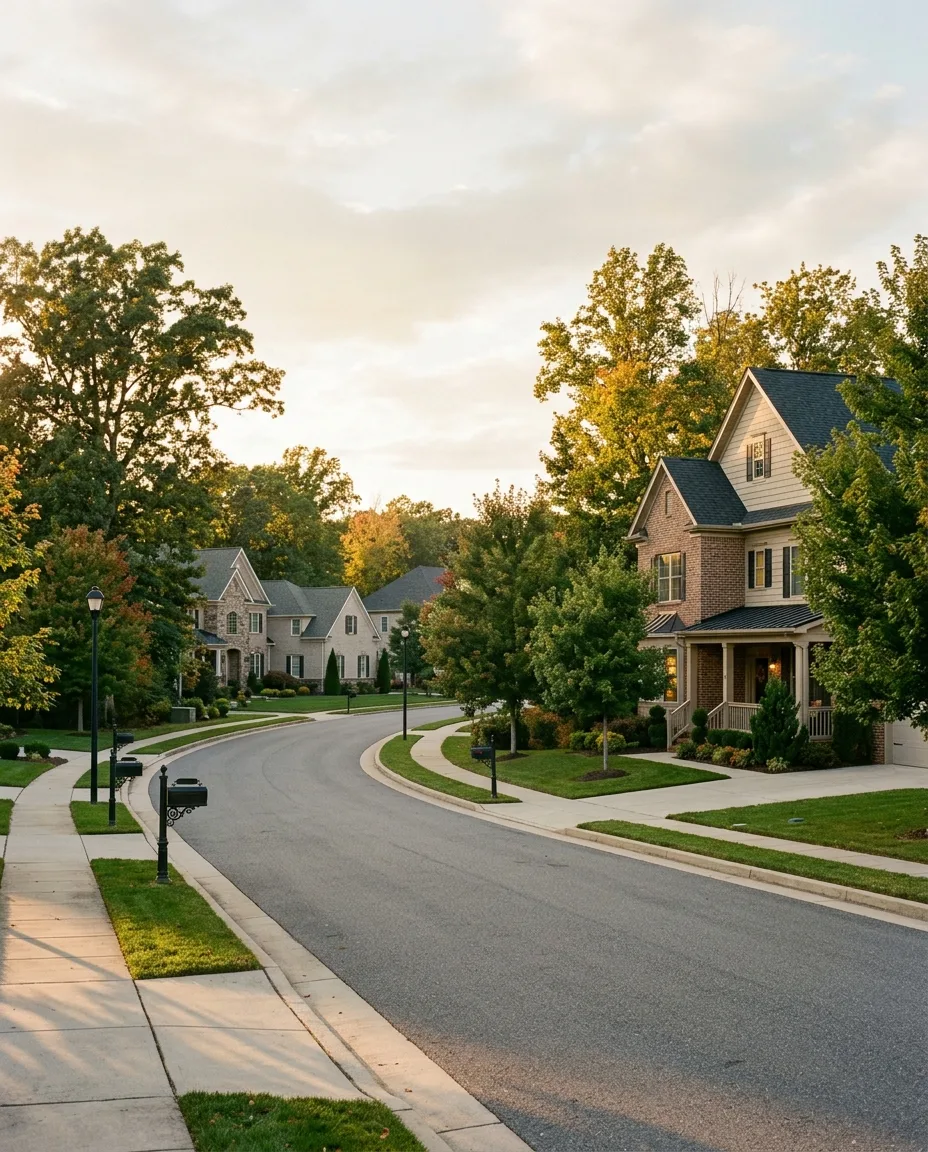 Suburban neighborhood in Urbana Maryland with single-family homes