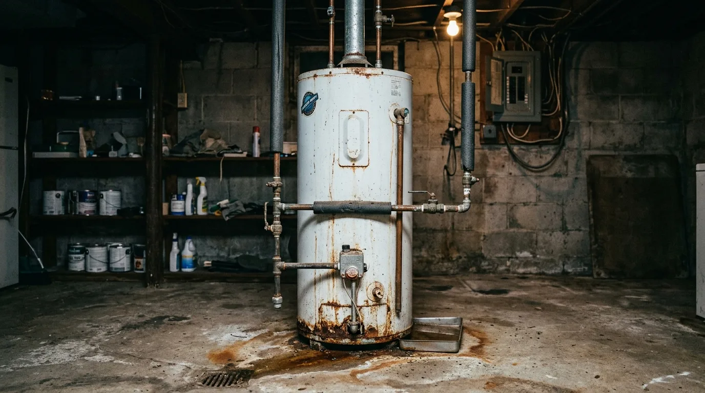 Aging tank water heater in a Frederick County Maryland basement