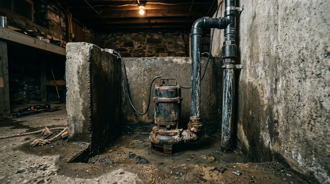 Aging sump pump in a Frederick County Maryland basement