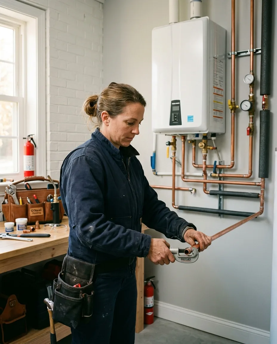 LP Home Plumbing technician working in a Frederick Maryland residential utility room