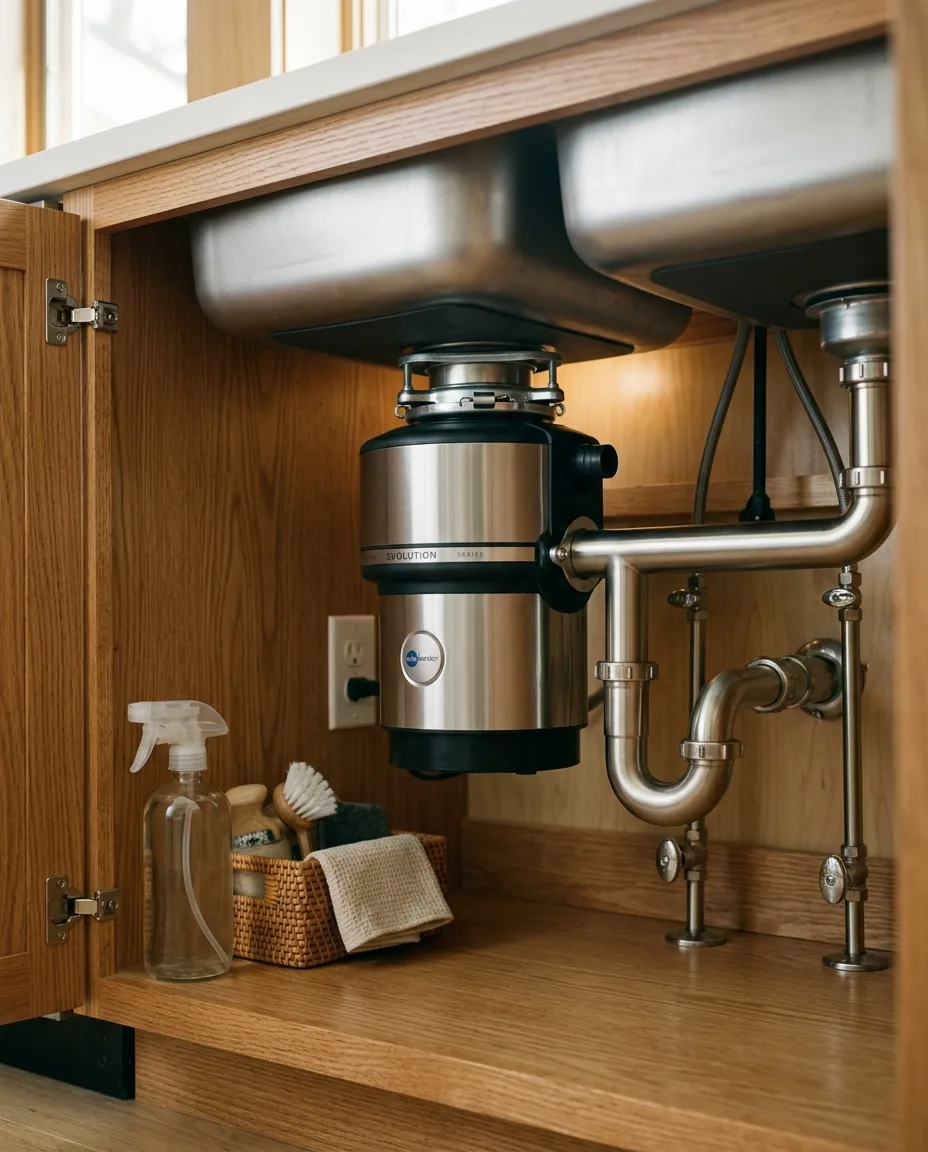 Garbage disposal installation under a kitchen sink in a Frederick County home