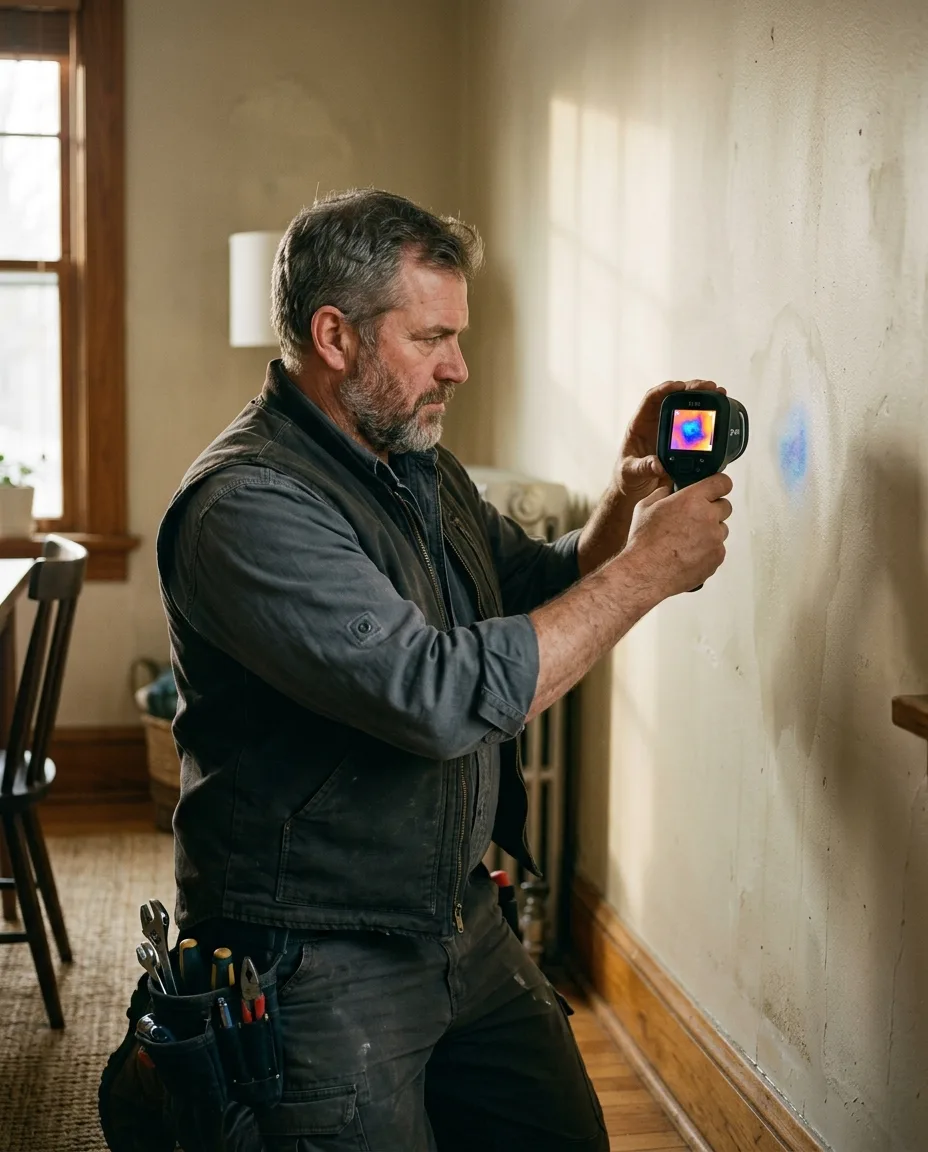 Plumber using acoustic leak detection equipment in a residential home