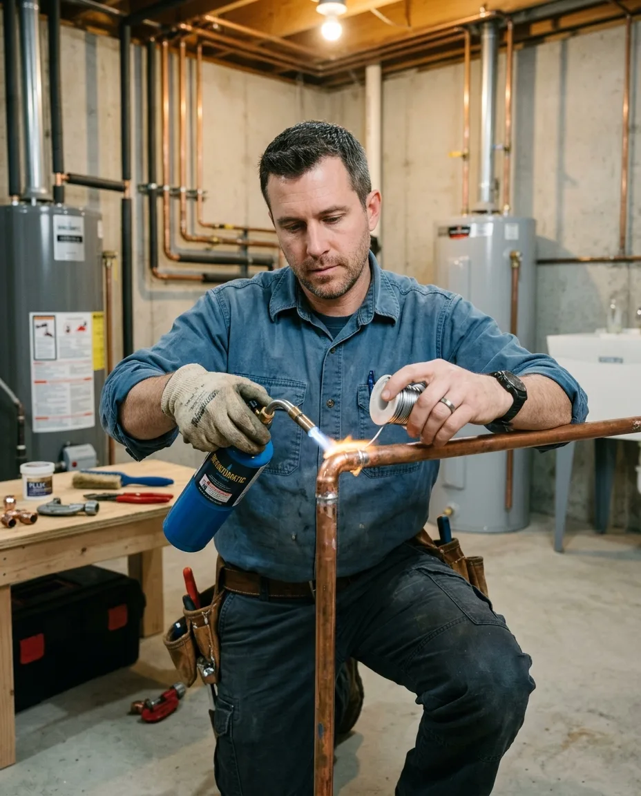 Plumber repairing a burst copper water line in a Frederick MD basement