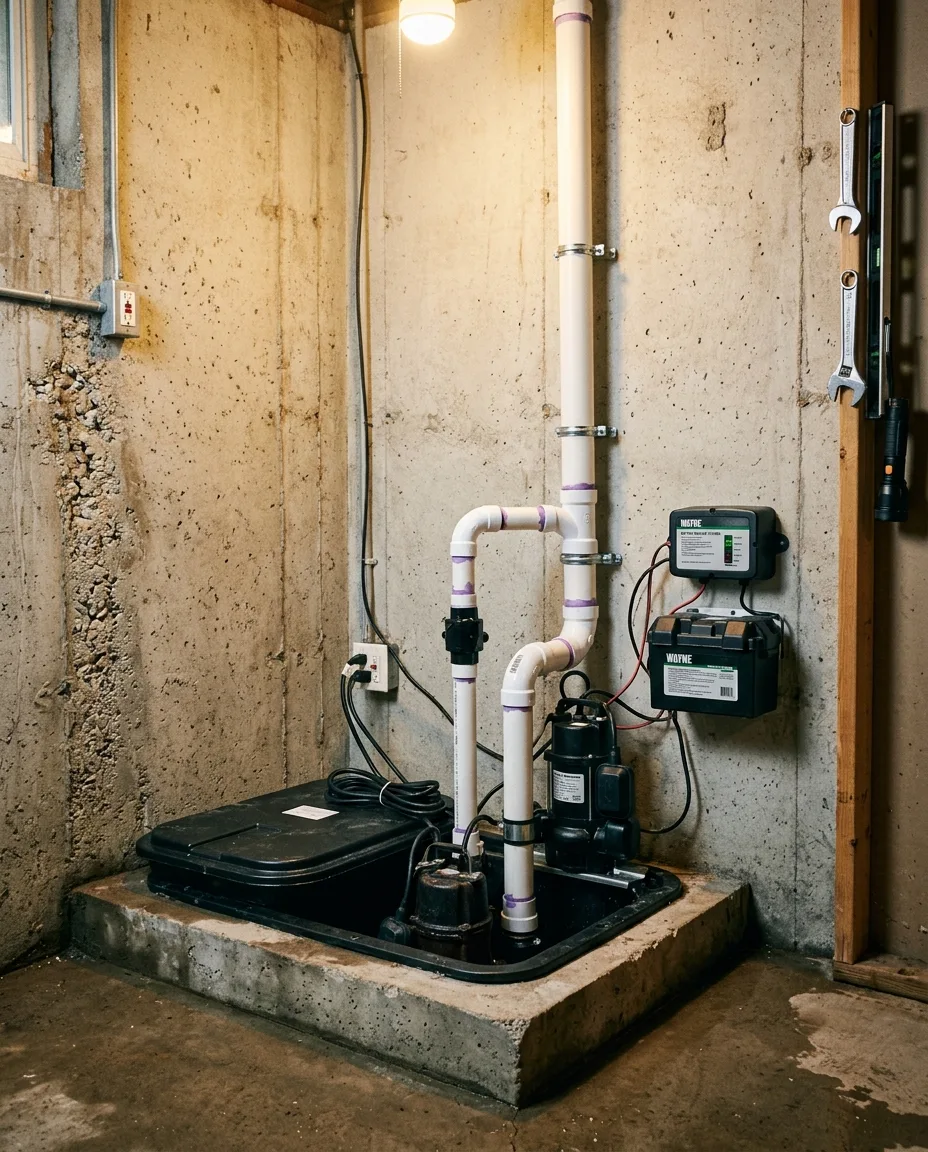 New sump pump and battery backup installed in a Frederick County basement