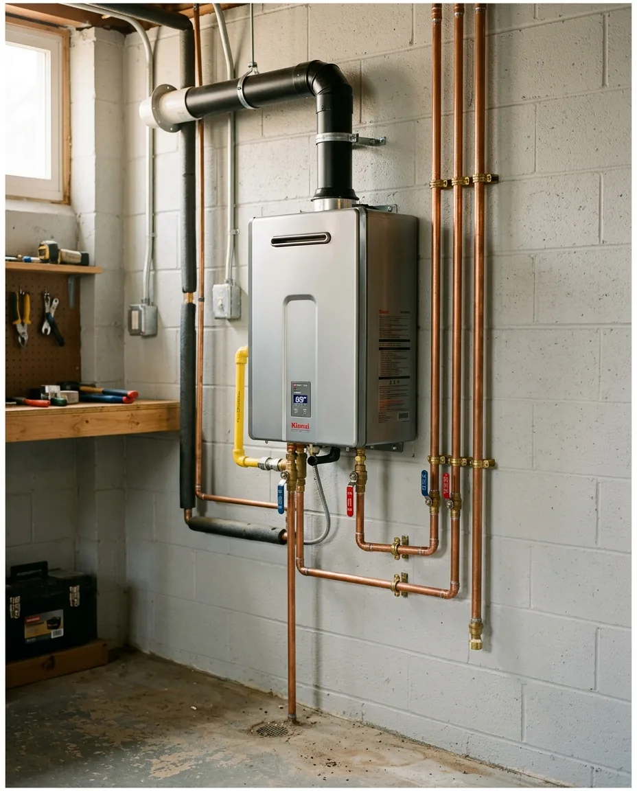 Plumber installing a new tankless water heater in a Frederick MD utility room